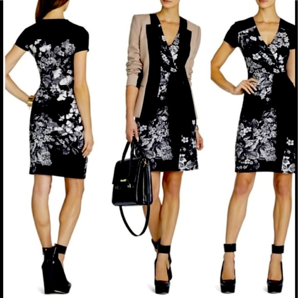 BCBGMAXAZRIA Laudy v-neck midi dress with black and white florals size XS - Picture 2 of 14